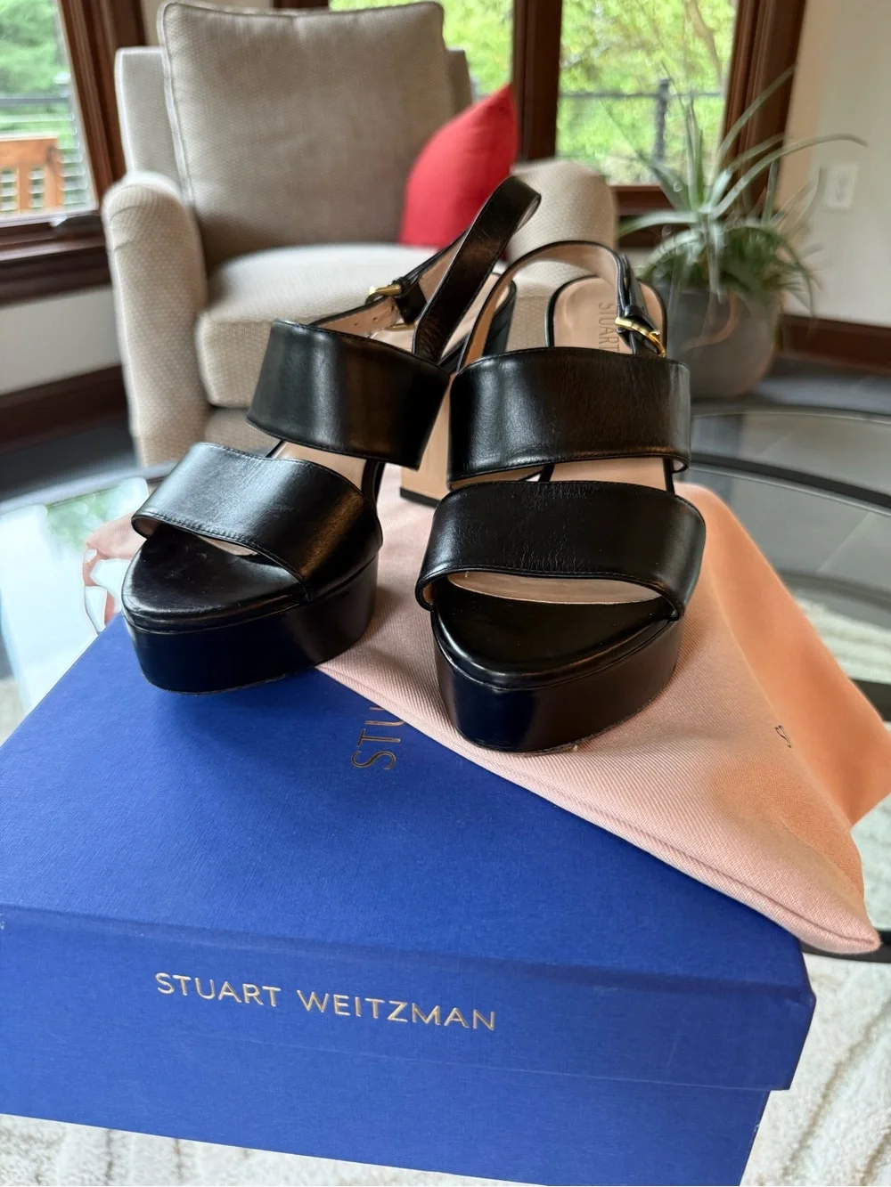 Stuart Weitzman Black Leather Ono 7.5 Platform Slingback Sandals with Box Bag